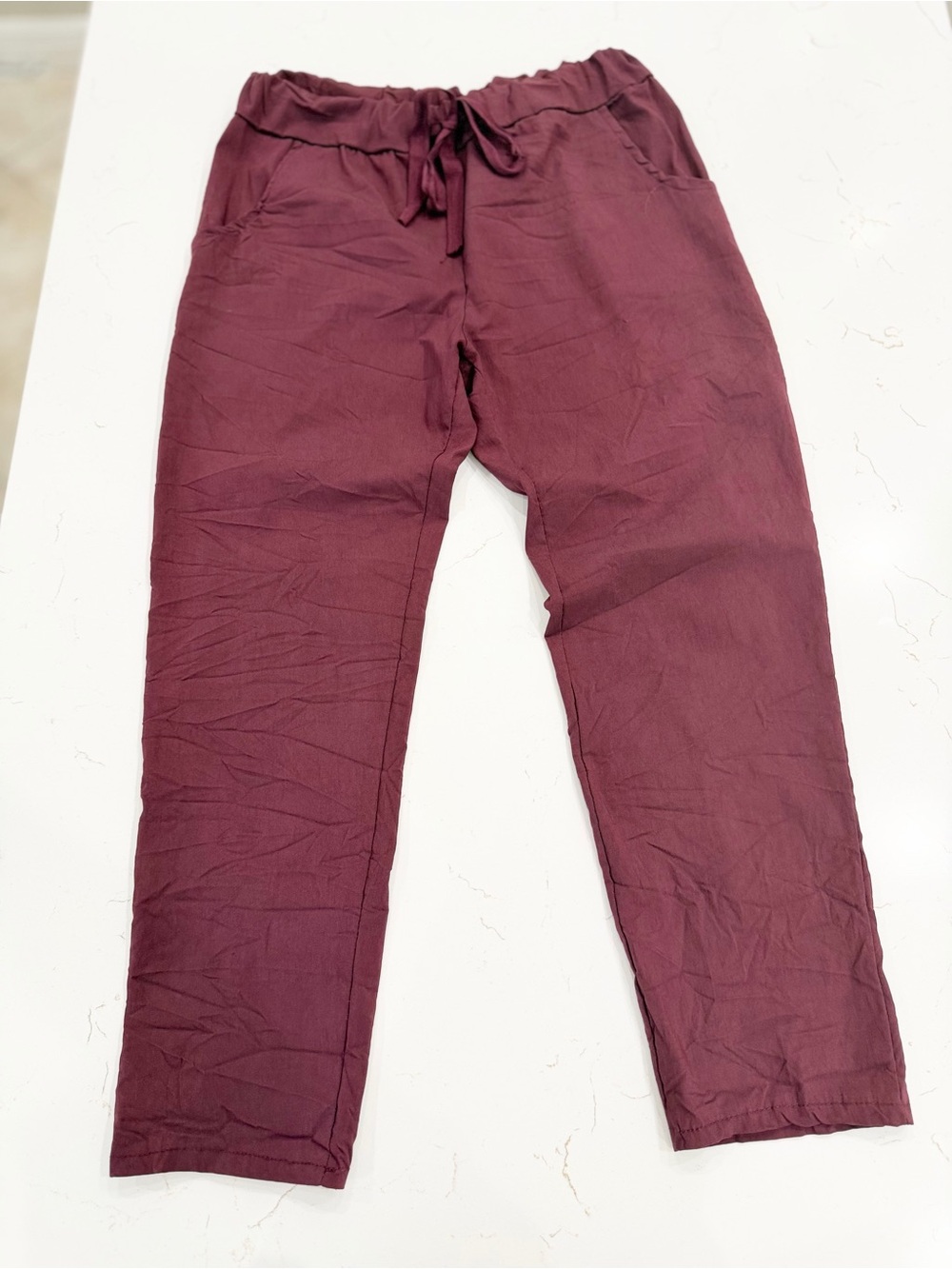 Tera Bora Made in Italy Burgundy Crinkle Parachute Lagenlook Pants